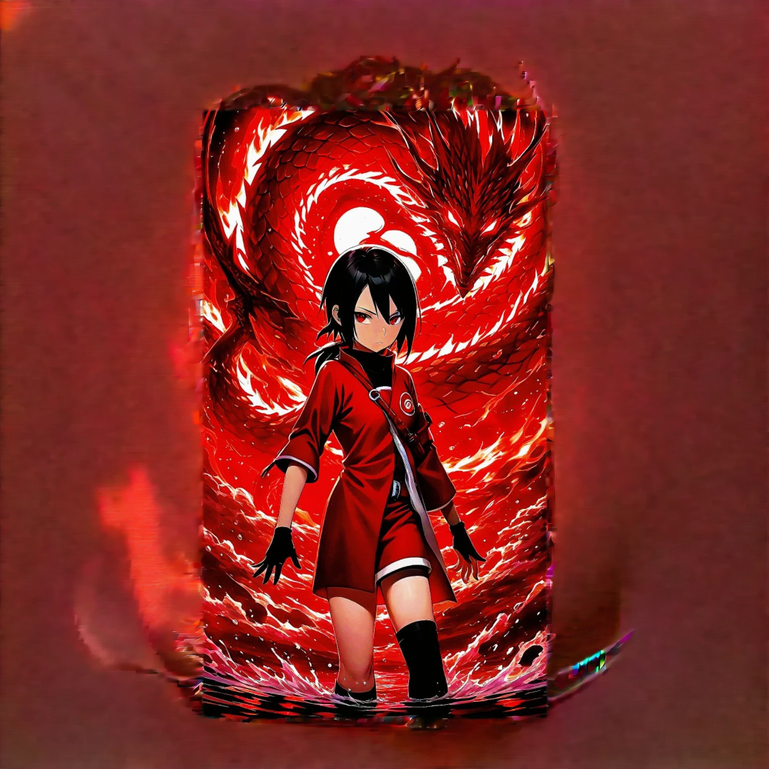 (Stunning Sarada Uchiha)), (Young, attractive, pale, (blue eyes)), (curvy body), wearing an ((au naturale ribbon that holds back part of her hair)), adorned with a ((pale complexion)), elaborate ((Water techniques)) that she has been studying, with her mangekyou sharingan activated, making her eyes glow red while forming intricate hand signs to conjure a sleek, (water dragon) that is (bending the water) with her mind, achieving a highly detailed, (photorealistic) result that showcases her (proficiency) and (natural beauty), (anime)
