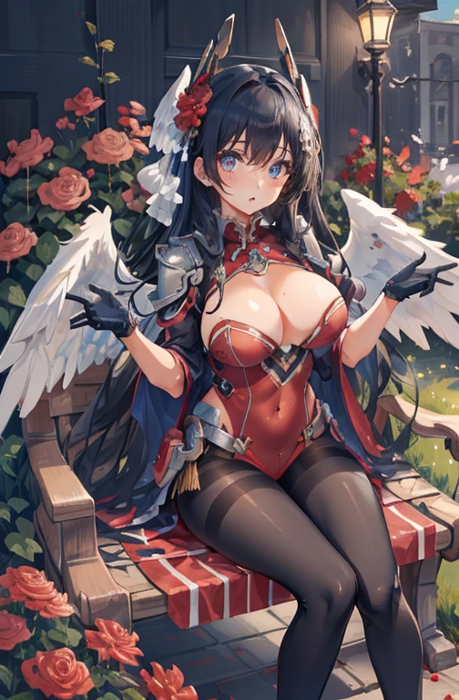 (Masterpiece artwork, best qualityer), details Intricate, Valkyrie, kawaii, (((cheerful grin))), Open your mouth and laugh, hands up, gazing at viewer, Feather helmet, natta, (((Red flower garden))), sitting down, 18 year old ,
1 girl in, standing alone, realisitic, ultra detali, (shining skin:1.4), absurdrez, 苗条, dynamic lighting, high resolution, sharp focus, depth of fields, detailedeyes, sharp pupils, realisitic pupils, (breasts big:1.6), (thick-thighs:1.0),
portraite, swept bangs, Bblack hair, droopy eyes, Crimson thighs, Deep Red Detached Single Sleeve, robot joints, Deep Red Gloves, Deep Red Bodysuit, Deep Red Reinforced Suit, Closed feather wings, pantyhose, Deep Red Full Armor, flower decoration,