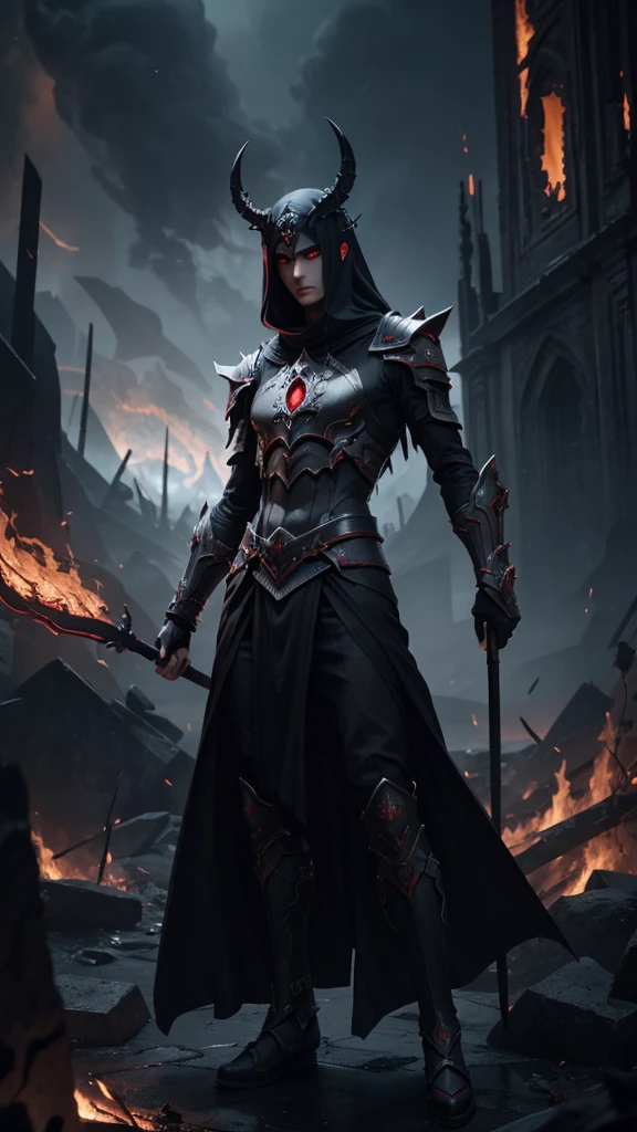 Astaroth, Entity, mide 180 cm, gray body, completely dark face, red eyes dressed in a tunic, has a staff, observe humanity, Dramatic background, is in hell, fire in the background, souls, best quality,4k,8k,A high resolution,masterpiece,ultra detailed,Realistic, Photorealistic,photo realistic