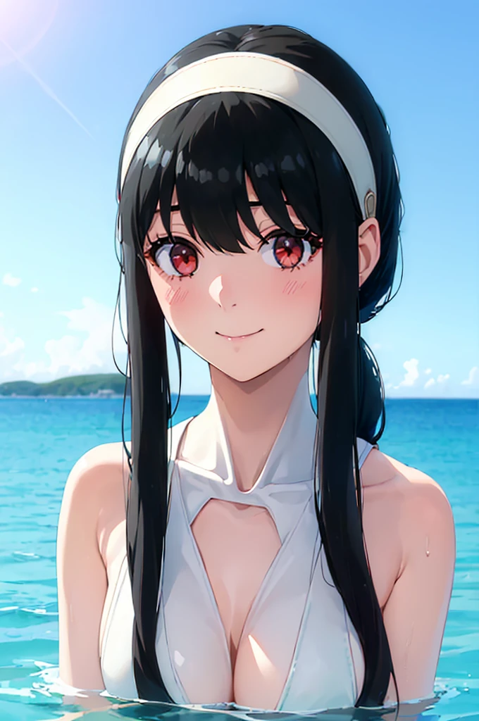 (SFW:1.8、masterpiece, Highest quality),1people々, 一people々in, Absurd、現実inは捉えられないディテールと美しさ、hyper Realistic, Realistic,Realistic, whole :2,、(((Black Hair、Long Hair、She is very 美しい and cute、Beautiful long neck:1.8)))、Ideal body type、Beautiful long neck:1.6、Perfect Anatomy、people々々Beautiful pads that make you feel happy:2、自然in快適な照明、((Black Hair、White hair band))、Swimwear、Yor Briar、turn around、smile、Red eyes、Woman in the sea、Woman bathing in the sea、Very beautiful sea、Facing forward、looking at the camera、