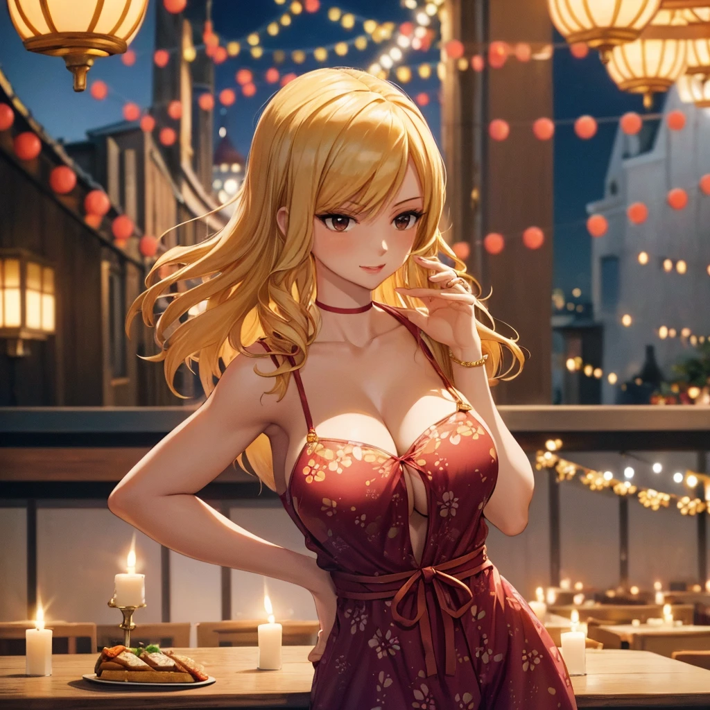 Your influencer character( with blond hair) with long, dark hair dancing on a beautiful restaurant on the roof top. gorgeous table decorated with candles in the background. She is dressed in a flowy sundress (stylish party attire ) and has a joyful expression on her face. The style is bright and colorful, capturing the energy and fun of the moment.