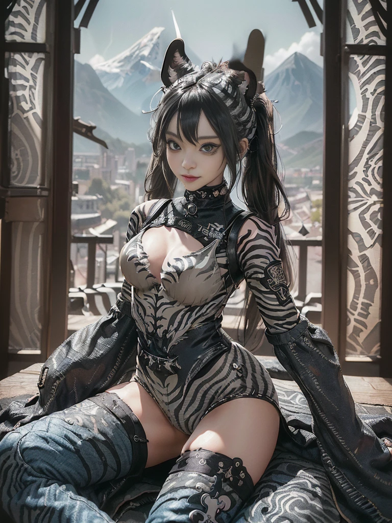 (Full Body View:1.4)、(Full body:1.3)、(Smiling with teeth showing:1.3),(Shibuya Gal:1.5)、(Gothic ta style fashion:1.5)、(Punk RockVisual Kei:1.5)、(Wearing a rhythmic gymnastics bodysuit with intricate details:1.4)、(Racing suit and shorts in beige, denim and charcoal with intricate details:1.5)、(Denim and black and brown long boots:1.3)、(Denim and beige knee socks:1.3)、((belt))、(Numerous delicate logo marks all over the costume:1.4)、(collar:1.3)、(Zebra pattern underwear:1.5)、20-year-old、NSFW、((Highest quality、In 8K、masterpiece:1.3))、Sharp focus:1.2、(Layered Cut、Huge boobs:1.1),Beautiful woman with perfect figure:1.4、(do a gravure pose:1.3)、Slender Abs:1.2、Highly detailed face and skin texture、Detailed eyes、double eyelid,(Twin tails:1.3)、(Black brown hair:1.3)、Gravure idol、(The background is a vast mountain々Beautiful European tourist destinations:1.3)、(Slim body:1.3),(Make your legs thinner:1.4),(clavicle:1.1)
