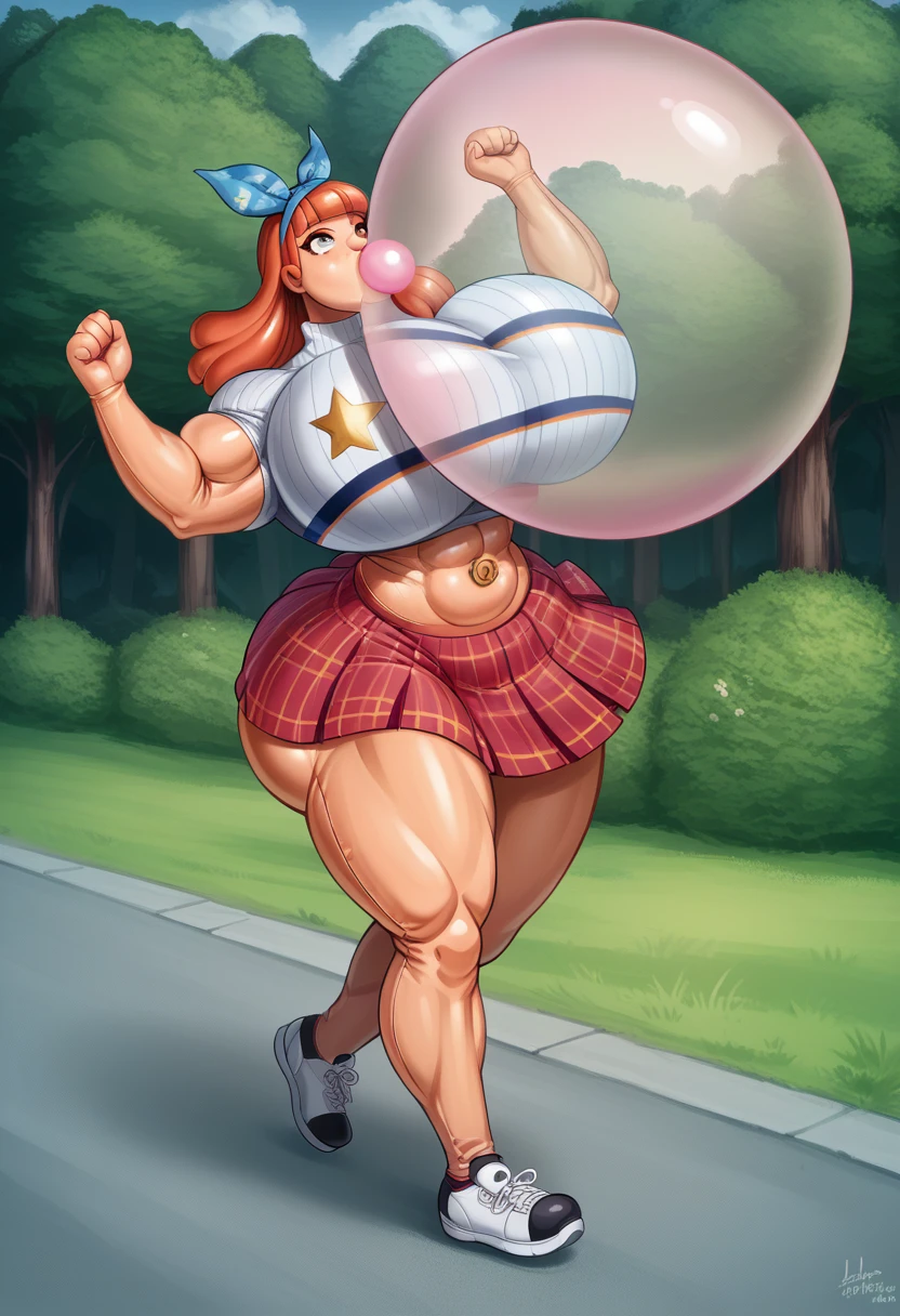 score_9, score_8_up,score_7_up, score_6_up, score_5_up, score_4_up, fine detailed, photo 8k, venusbody, hitomi, solo, solo, living inflatable woman, intricate, elegant, highly detailed, luxurious long and thick platinum ginger auburn red hair, thick plump lips, (wearing red, white and blue stars and stripes bandana on head), blunt bangs, heavy freckled skin, thick lips, (wearing a large Purple, Chromed and gold cheerleader sweater top with long plaid skirt), (platform running sneakers), (muscular female:1.4), (gigantic breasts), (hyper muscle), (large butt), (muscular abs), navel nozzle, nipple nozzle, (((blowing extra gigantic enormous bubble gum:1.3))), (outdoor jogging through thick forest trail in the early morning), (facing forward profile running towards camera)