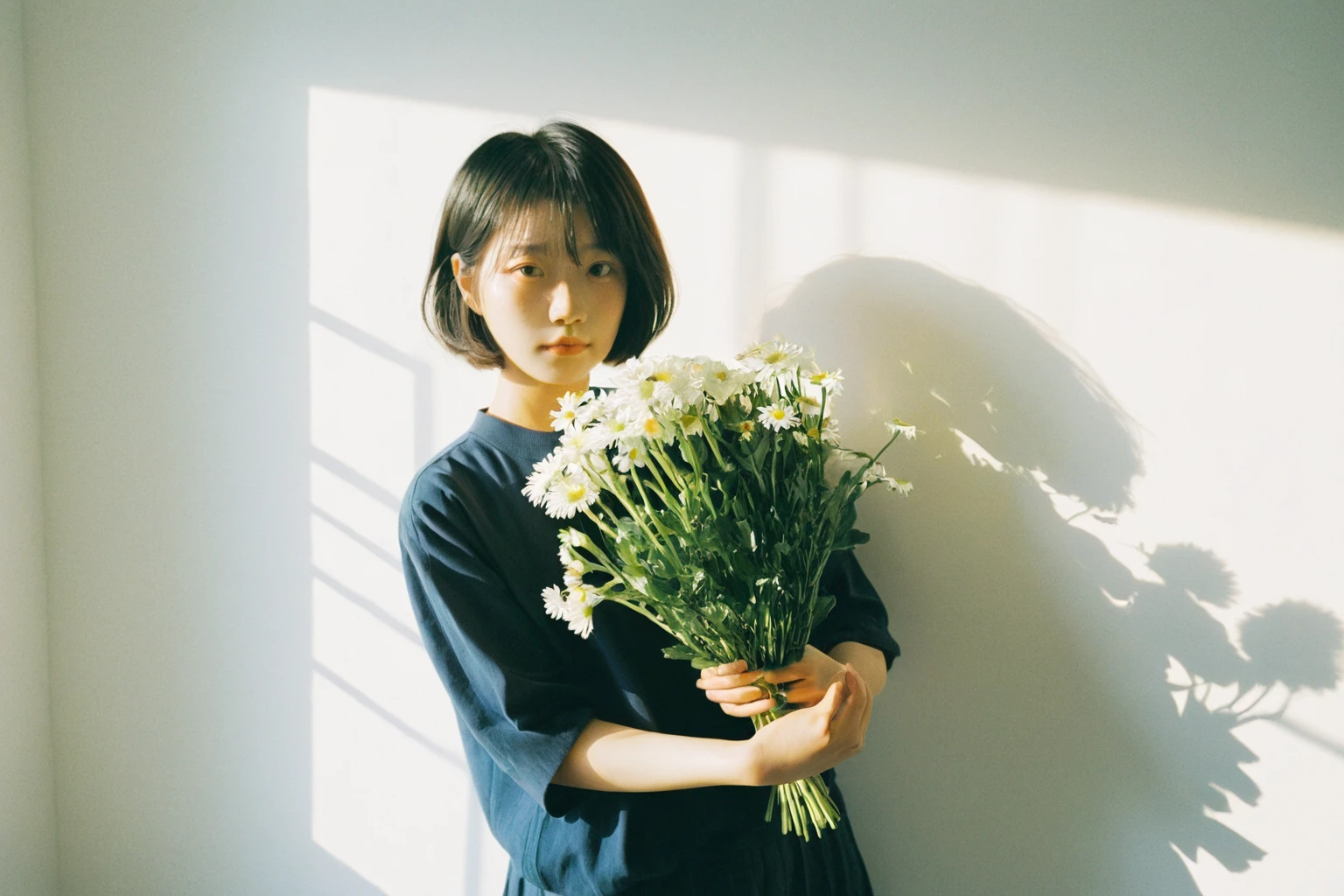 there is a woman holding a bunch of flowers in her hand, with short hair, chiho, indoor, long shadows, plain white wall as background, aesthetic portrait, lofi girl, the hime cut, by Tan Ting-pho