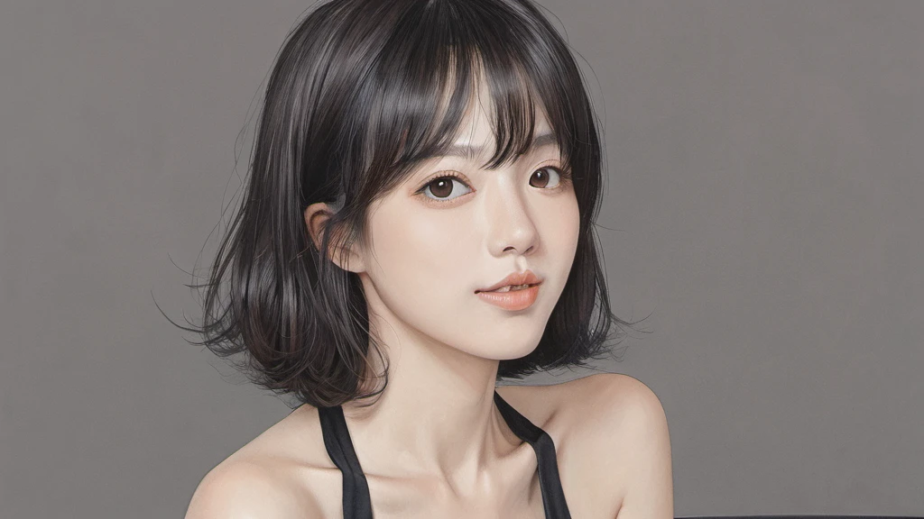 (Highest quality:1.4),(masterpiece:1.4),(Realistic:1.4),(Realistic:1.2),(超High resolution, RAW Photos:1.4),(High resolution, Very detailed:1.2),(8k:1.2),photograph,a photo of a dark-haired,Her hairstyle is a short bob with bangs..,one person&#39;s,alone,(In underwear),((Upper Body:1.3)), (Big Breasts:1.0), (middle breast wheel:0.5), (Small nipples:1.0)