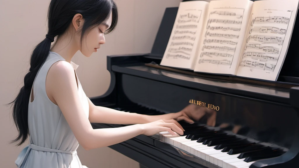 xxmixgirl,,Jing-Hao Zhang style, dark gray and light black, 8K resolution, Miho Hirano, character caricature, Albert Edelfeldt, playing the piano
in jazz ber