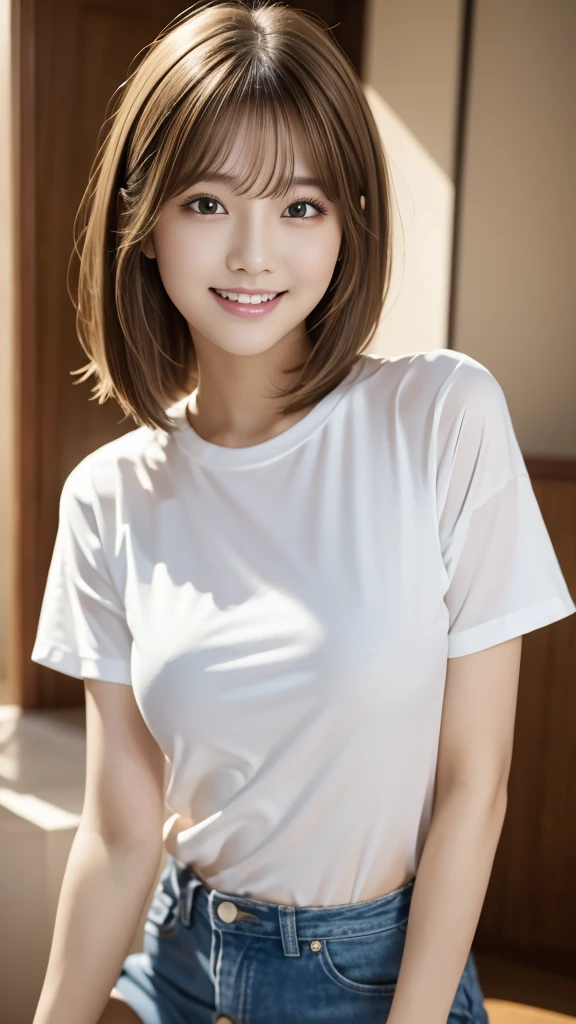 Highest quality、Precise beauty、Beautiful long hair woman、The most beautiful woman in the world、Beautiful and sharp face、21 years old、Smooth super short hair that looks blonde、Highly detailed face、Cute Smile、Beautiful and detailed、Small face、Ample breasts、T-Shirts、High resolution、8k wallpaper、Hair brushing gesture, very detailed、masterpiece、Very bright photo、One woman、Shorts、Beautiful legs
