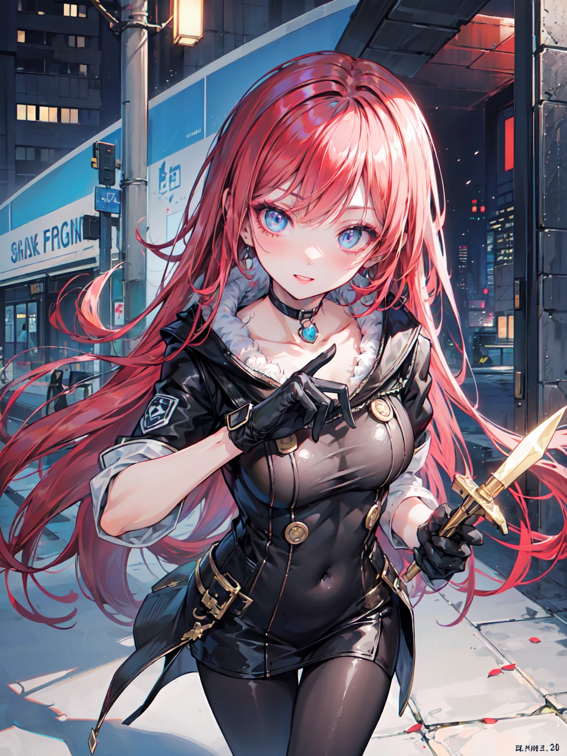 Abandoned industrial city in winter background,(Straight gray hair,：2.0),(Red hair ends)Issued card,Standing in close-up,Dream world,Facial blemishes,(Slender blue phoenix eyes,Pink lipstick,Long eyelashes),gloves,dagger,choker,(assassin&#39;Tight combat suit,Torn and frayed combat uniform exposing the abdomen,Leather mini skirt,Caster wheel,belt：2.0),Fur Tube Top(choker),Above-the-knee high-heeled boots,Strappy high heel boots,The legs have lots of straps,Detailed background、Blake、（Dark Elf), (1 Girl), alone, Perfect Face, Get used to it, Ahoge, ((Long Hair:1.2)), (Hair above one eye:1.3), [[Messy Hair]], Shiny blonde white hair, Purple eyes, Variegated eyes, Colorful Hair, Shining Eyes, (eyelash, eye shadow, pink eye shadow), bright, smile, Design Art：Haruhiko Mikimoto, by Kawashi, By Yoshitaka Amano