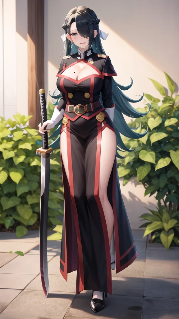 1girl, azumafubukilora,, bangs, black_hair, blue_eyes, blush, bra, braid, branch, breasts, cleavage, earrings, hair_over_one_eye, jewelry, katana, large_breasts, leaf, long_hair, long_sleeves, looking_at_viewer, mole, mole_on_breast, mole_under_eye, palm_leaf, palm_tree, parted_lips, plant, potted_plant, rain, scabbard, sheath, sheathed, solo, full body, standing, idle, hand down