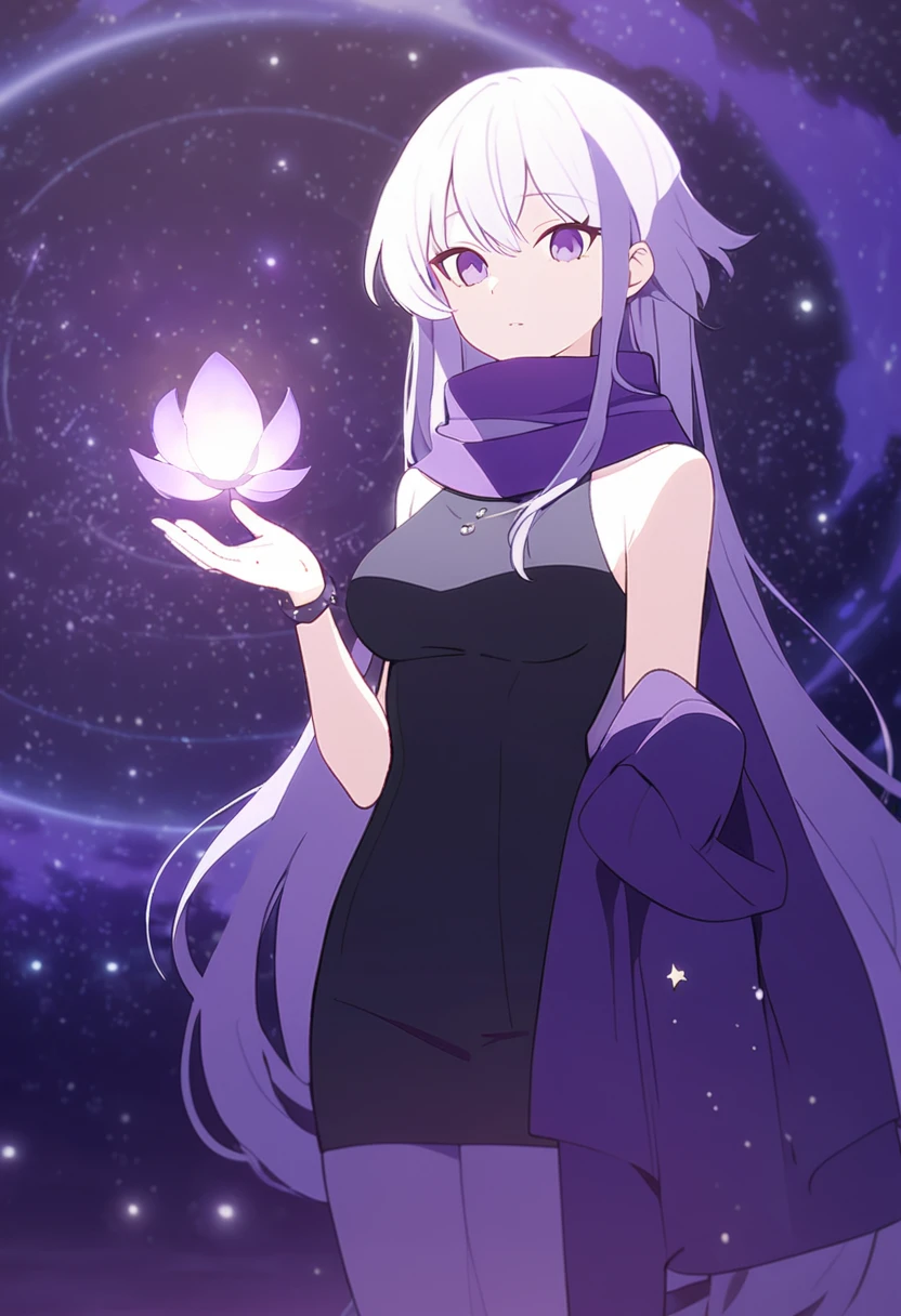 Extra long purple hair,Purple Eyes,The figure is very perfect,The body proportions are also very normal,Adult female aged 23,Wearing black and purple tights,A purple scarf on the wrist,And holding a purple fire lotus in his left hand,The right hand holds a purple-black hole,The background is purple, the universe and the starry sky