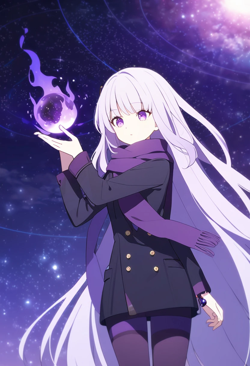 Extra long purple hair,Purple Eyes,The figure is very perfect,The body proportions are also very normal,Adult female aged 23,Wearing black and purple tights,A purple scarf on the wrist,And holding a purple fire lotus in his left hand,The right hand holds a purple-black hole,The background is purple, the universe and the starry sky