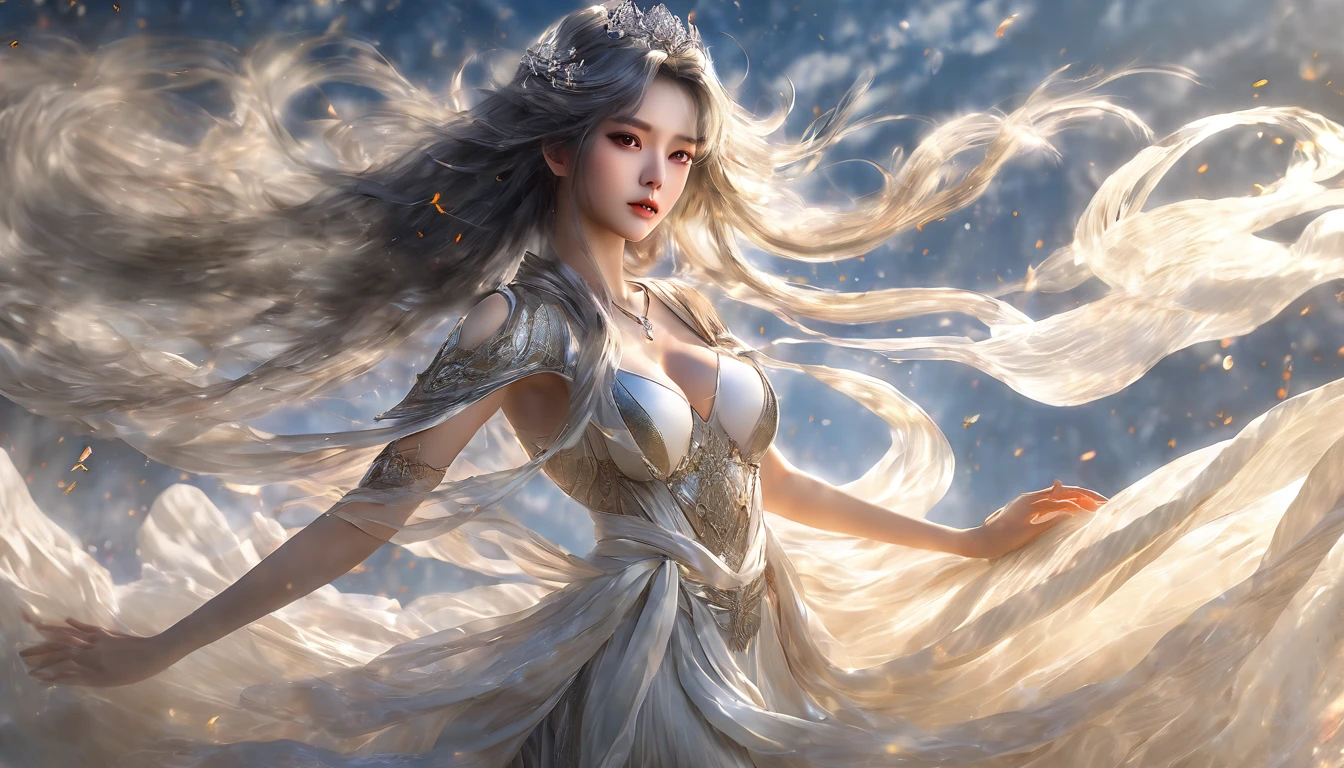 ((Super beautiful illustrations, 8K, masterpiece :1.2, Clear focus :1.2, Depth of Field:1.2)), Beautiful female swordsman, absurd, Highly detailed face and skin textures, Silver Hair, Black Armor, Flame armor, Cloak of flames, A flame-wrapped sword, Wings of Fire, Determination to overcome grief, Your gentle eyes reveal a firm determination , Strong soul woman in transparent dress,Viewer,(((Full breasts, Keeley University))),Slim waist,(Navel exposed,Bare waist), Long hair, extreme detailed details, Detailed fantasy art, Stunning character art, Beautiful and exquisite character art, Beautiful transparent dress, Very detailed, Girl wearing flowing Hanfu, Exquisite headpieces and jewellery,Crystal jewelry filigree, galaxy, Stunning visuals, (Dynamic Stripes, light rail:1.2), Vibrant colors,Long hair动漫女孩和狐狸, 美丽的白金色Angel女士, 白毛Angel, Beautiful character painting, Beautiful anime portrait, Angel翅膀的女孩, a beautiful Angel woman, Mystical artwork, Guweiz, by Ren Renfa, Angel, Large Breasts，Full breasts，Golden ratio figure，Perfect body，Ultra wide-angle shooting，Full body shot，Body close-up，Full body shot，Wearing a pleated tulle skirt，Soft anime illustration, Soft dark background，Fujifilm XT3 Clear focus, f 5.6, High Detail, Clear focus, Dramatic, (Wearing openwork clothing), (Looking at the audience:1.8), (Natural light), (Tempting)translucent, Good velvet quality, Compared, Divine Light,, Silver gray hair, Sky background, Absolute Strength,女性Angel，Girl in sexy silk,，Large Breasts，Full breasts，Golden ratio figure，Perfect body，Ultra wide-angle shooting，Full body shot，Body close-up，Full body shot， Wearing a tulle dress, Model shooting style, Large Breasts，Full breasts，Golden ratio figure，Perfect body，(Extremely detailed CG 8k wallpaper unit), The most beautiful artistic photos in the world, , 8K Ultra HD, ) On the big white bed，Lazy gesture，Charming and seductive expression，best quality,masterpiece,Ultra-high resolution,(Practical:1.4),original photo,Ultra-high resolution，White skin，Exquisite makeup，Long legs，Bright beautiful eyes，用深色眼影打造Exquisite makeup，