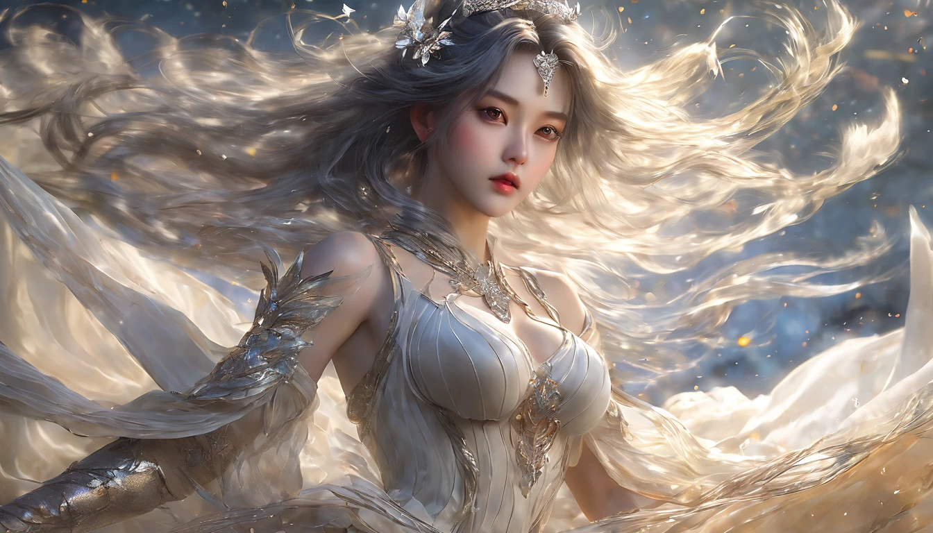 ((Super beautiful illustrations, 8K, masterpiece :1.2, Clear focus :1.2, Depth of Field:1.2)), Beautiful female swordsman, absurd, Highly detailed face and skin textures, Silver Hair, Black Armor, Flame armor, Cloak of flames, A flame-wrapped sword, Wings of Fire, Determination to overcome grief, Your gentle eyes reveal a firm determination , Strong soul woman in transparent dress,Viewer,(((Full breasts, Keeley University))),Slim waist,(Navel exposed,Bare waist), Long hair, extreme detailed details, Detailed fantasy art, Stunning character art, Beautiful and exquisite character art, Beautiful transparent dress, Very detailed, Girl wearing flowing Hanfu, Exquisite headpieces and jewellery,Crystal jewelry filigree, galaxy, Stunning visuals, (Dynamic Stripes, light rail:1.2), Vibrant colors,Long hair动漫女孩和狐狸, 美丽的白金色Angel女士, 白毛Angel, Beautiful character painting, Beautiful anime portrait, Angel翅膀的女孩, a beautiful Angel woman, Mystical artwork, Guweiz, by Ren Renfa, Angel, Large Breasts，Full breasts，Golden ratio figure，Perfect body，Ultra wide-angle shooting，Full body shot，Body close-up，Full body shot，Wearing a pleated tulle skirt，Soft anime illustration, Soft dark background，Fujifilm XT3 Clear focus, f 5.6, High Detail, Clear focus, Dramatic, (Wearing openwork clothing), (Looking at the audience:1.8), (Natural light), (Tempting)translucent, Good velvet quality, Compared, Divine Light,, Silver gray hair, Sky background, Absolute Strength,女性Angel，Girl in sexy silk,，Large Breasts，Full breasts，Golden ratio figure，Perfect body，Ultra wide-angle shooting，Full body shot，Body close-up，Full body shot， Wearing a tulle dress, Model shooting style, Large Breasts，Full breasts，Golden ratio figure，Perfect body，(Extremely detailed CG 8k wallpaper unit), The most beautiful artistic photos in the world, , 8K Ultra HD, ) On the big white bed，Lazy gesture，Charming and seductive expression，best quality,masterpiece,Ultra-high resolution,(Practical:1.4),original photo,Ultra-high resolution，White skin，Exquisite makeup，Long legs，Bright beautiful eyes，用深色眼影打造Exquisite makeup，