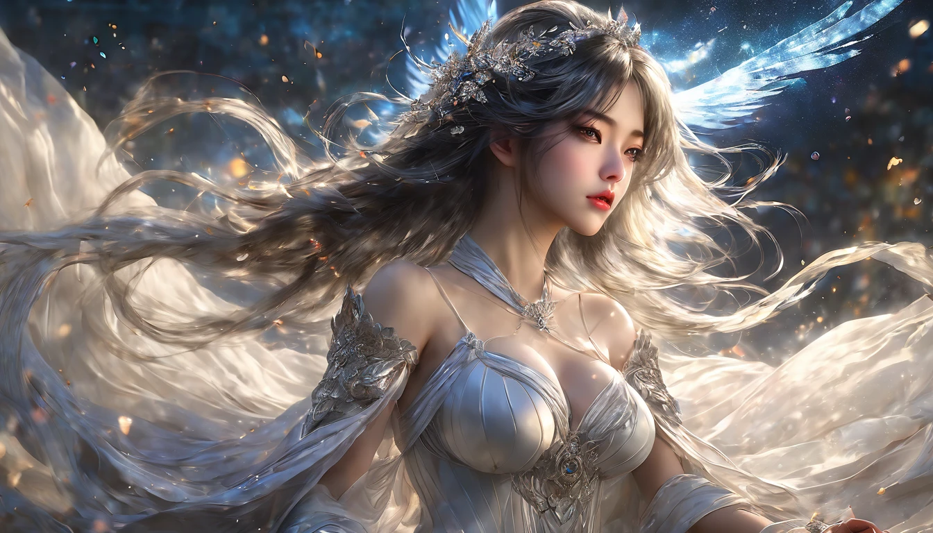 ((Super beautiful illustrations, 8K, masterpiece :1.2, Clear focus :1.2, Depth of Field:1.2)), Beautiful female swordsman, absurd, Highly detailed face and skin textures, Silver Hair, Black Armor, Flame armor, Cloak of flames, A flame-wrapped sword, Wings of Fire, Determination to overcome grief, Your gentle eyes reveal a firm determination , Strong soul woman in transparent dress,Viewer,(((Full breasts, Keeley University))),Slim waist,(Navel exposed,Bare waist), Long hair, extreme detailed details, Detailed fantasy art, Stunning character art, Beautiful and exquisite character art, Beautiful transparent dress, Very detailed, Girl wearing flowing Hanfu, Exquisite headpieces and jewellery,Crystal jewelry filigree, galaxy, Stunning visuals, (Dynamic Stripes, light rail:1.2), Vibrant colors,Long hair动漫女孩和狐狸, 美丽的白金色Angel女士, 白毛Angel, Beautiful character painting, Beautiful anime portrait, Angel翅膀的女孩, a beautiful Angel woman, Mystical artwork, Guweiz, by Ren Renfa, Angel, Large Breasts，Full breasts，Golden ratio figure，Perfect body，Ultra wide-angle shooting，Full body shot，Body close-up，Full body shot，Wearing a pleated tulle skirt，Soft anime illustration, Soft dark background，Fujifilm XT3 Clear focus, f 5.6, High Detail, Clear focus, Dramatic, (Wearing openwork clothing), (Looking at the audience:1.8), (Natural light), (Tempting)translucent, Good velvet quality, Compared, Divine Light,, Silver gray hair, Sky background, Absolute Strength,女性Angel，Girl in sexy silk,，Large Breasts，Full breasts，Golden ratio figure，Perfect body，Ultra wide-angle shooting，Full body shot，Body close-up，Full body shot， Wearing a tulle dress, Model shooting style, Large Breasts，Full breasts，Golden ratio figure，Perfect body，(Extremely detailed CG 8k wallpaper unit), The most beautiful artistic photos in the world, , 8K Ultra HD, ) On the big white bed，Lazy gesture，Charming and seductive expression，best quality,masterpiece,Ultra-high resolution,(Practical:1.4),original photo,Ultra-high resolution，White skin，Exquisite makeup，Long legs，Bright beautiful eyes，用深色眼影打造Exquisite makeup，