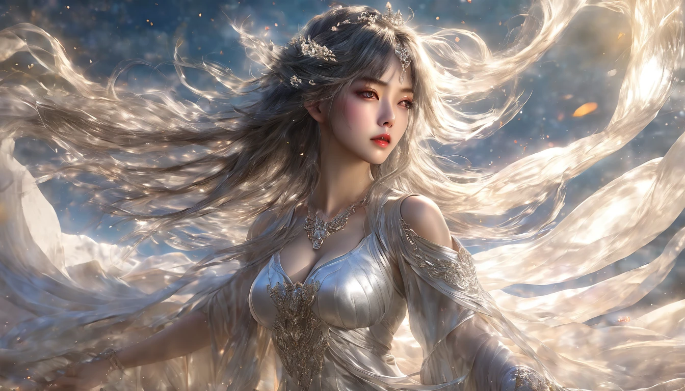 ((Super beautiful illustrations, 8K, masterpiece :1.2, Clear focus :1.2, Depth of Field:1.2)), Beautiful female swordsman, absurd, Highly detailed face and skin textures, Silver Hair, Black Armor, Flame armor, Cloak of flames, A flame-wrapped sword, Wings of Fire, Determination to overcome grief, Your gentle eyes reveal a firm determination , Strong soul woman in transparent dress,Viewer,(((Full breasts, Keeley University))),Slim waist,(Navel exposed,Bare waist), Long hair, extreme detailed details, Detailed fantasy art, Stunning character art, Beautiful and exquisite character art, Beautiful transparent dress, Very detailed, Girl wearing flowing Hanfu, Exquisite headpieces and jewellery,Crystal jewelry filigree, galaxy, Stunning visuals, (Dynamic Stripes, light rail:1.2), Vibrant colors,Long hair动漫女孩和狐狸, 美丽的白金色Angel女士, 白毛Angel, Beautiful character painting, Beautiful anime portrait, Angel翅膀的女孩, a beautiful Angel woman, Mystical artwork, Guweiz, by Ren Renfa, Angel, Large Breasts，Full breasts，Golden ratio figure，Perfect body，Ultra wide-angle shooting，Full body shot，Body close-up，Full body shot，Wearing a pleated tulle skirt，Soft anime illustration, Soft dark background，Fujifilm XT3 Clear focus, f 5.6, High Detail, Clear focus, Dramatic, (Wearing openwork clothing), (Looking at the audience:1.8), (Natural light), (Tempting)translucent, Good velvet quality, Compared, Divine Light,, Silver gray hair, Sky background, Absolute Strength,女性Angel，Girl in sexy silk,，Large Breasts，Full breasts，Golden ratio figure，Perfect body，Ultra wide-angle shooting，Full body shot，Body close-up，Full body shot， Wearing a tulle dress, Model shooting style, Large Breasts，Full breasts，Golden ratio figure，Perfect body，(Extremely detailed CG 8k wallpaper unit), The most beautiful artistic photos in the world, , 8K Ultra HD, ) On the big white bed，Lazy gesture，Charming and seductive expression，best quality,masterpiece,Ultra-high resolution,(Practical:1.4),original photo,Ultra-high resolution，White skin，Exquisite makeup，Long legs，Bright beautiful eyes，用深色眼影打造Exquisite makeup，