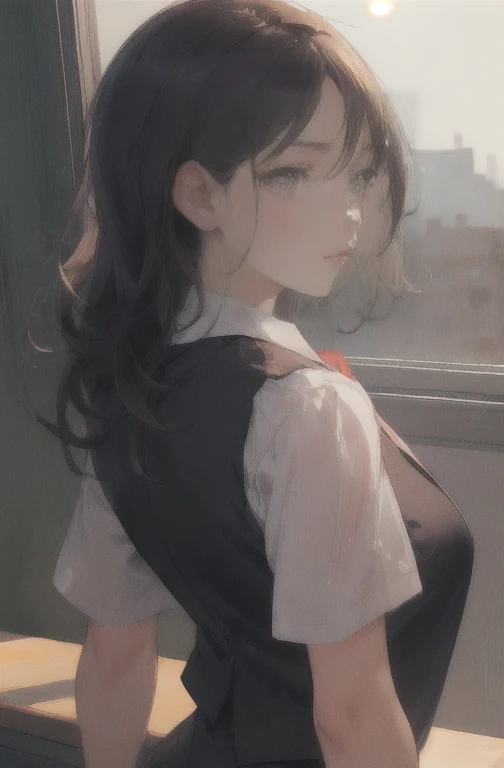 1 girl, mature female, vest, 弓, best qualityer, hires, face detailed, DESK, window buildings, detailed back ground, diffused sunlight, Depth of field, bokeh