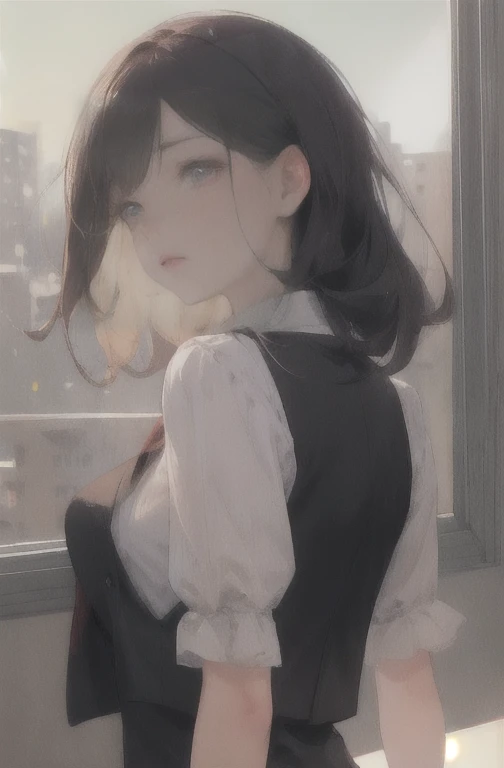 1 girl, mature female, vest, 弓, best qualityer, hires, face detailed, DESK, window buildings, detailed back ground, diffused sunlight, Depth of field, bokeh