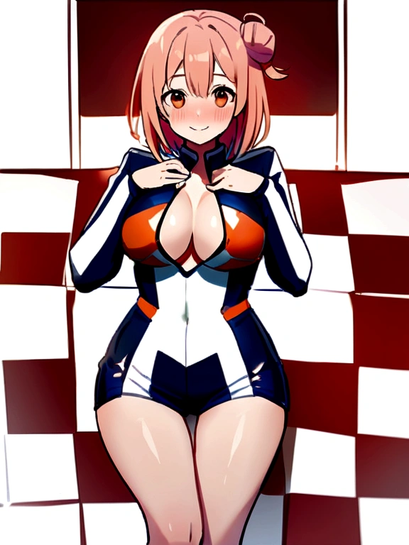 ((Tabletop, Highest quality, High resolution, Hmph, Pixel perfect, Depth of written boundary, 4K, )), One Girl, alone, , Beautiful Anime Girls, Beautiful art style, close, View your viewers, Perfect body, Yuigahama Yui, short hair, Single hair bun, Pink Hair, (Large Breasts), Apply blush all over the face, smile, Thighs Thighs Thighs Thighs, Race Queen, White Background, Take the lead, Raise the checkered flag, Cowboy Shot, concentrated,