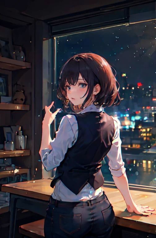 1 girl, mature female, vest, 弓, best qualityer, hires, face detailed, DESK, window buildings, detailed back ground, diffused sunlight, Depth of field, bokeh