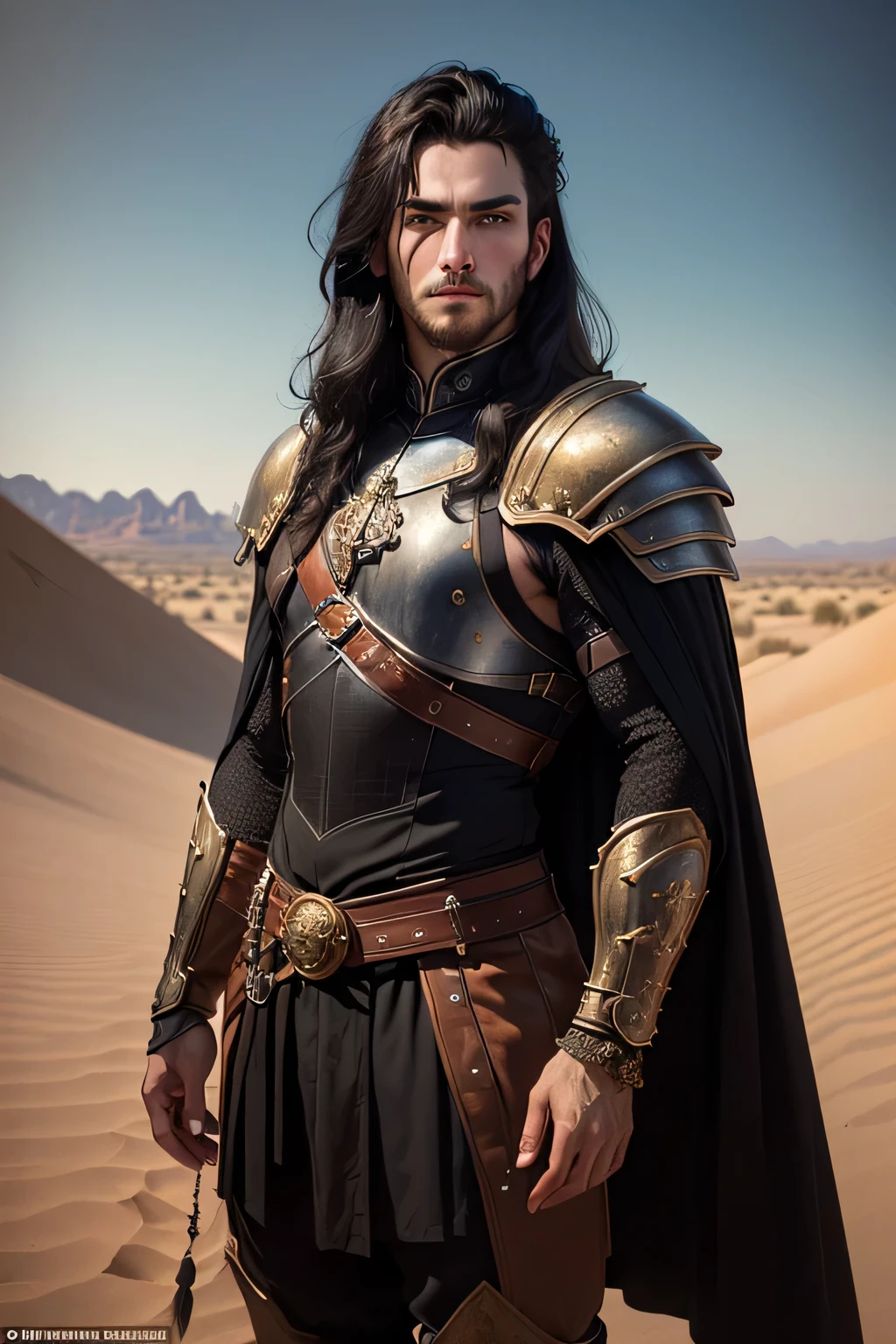 ((best quality)), ((masterpiece)), (detailed), Prize-winning works, with incredible details, maximum textures and details, mantea ,1 An adventurous warrior man in dark black light armor, long black hair (30 year old murderer:1.1,detailedeyes, face detailed, whole body:1.1,the background is a desert ),(best qualityer:1.2,ultra detali:1.1,realisitic:1.37),stone medieval ancient city ,eyeshadows,hidden identity,sharp focus,swirly vibrant colors,), (twilight), (natta), 8K