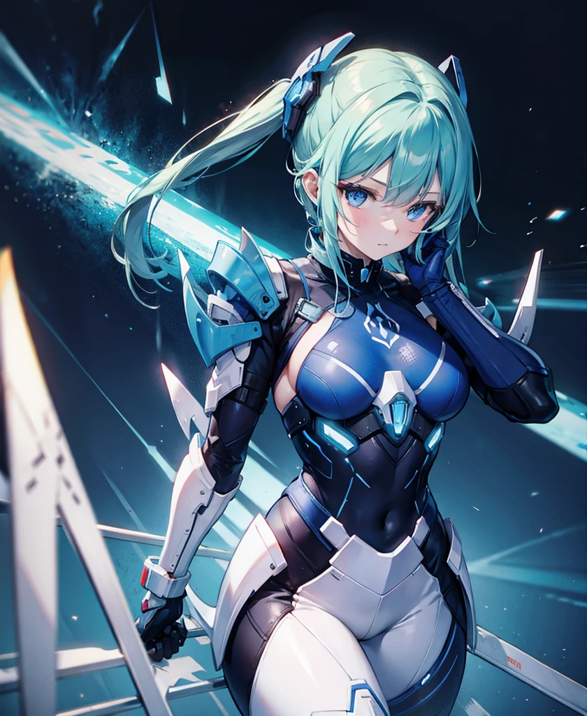 8K, Highest quality, (real:1.4), Original photo, 1 girl, Asari Hair, Biological Amplifier, refined armor, posture: Peace talks between warring factions, smart blue eyes