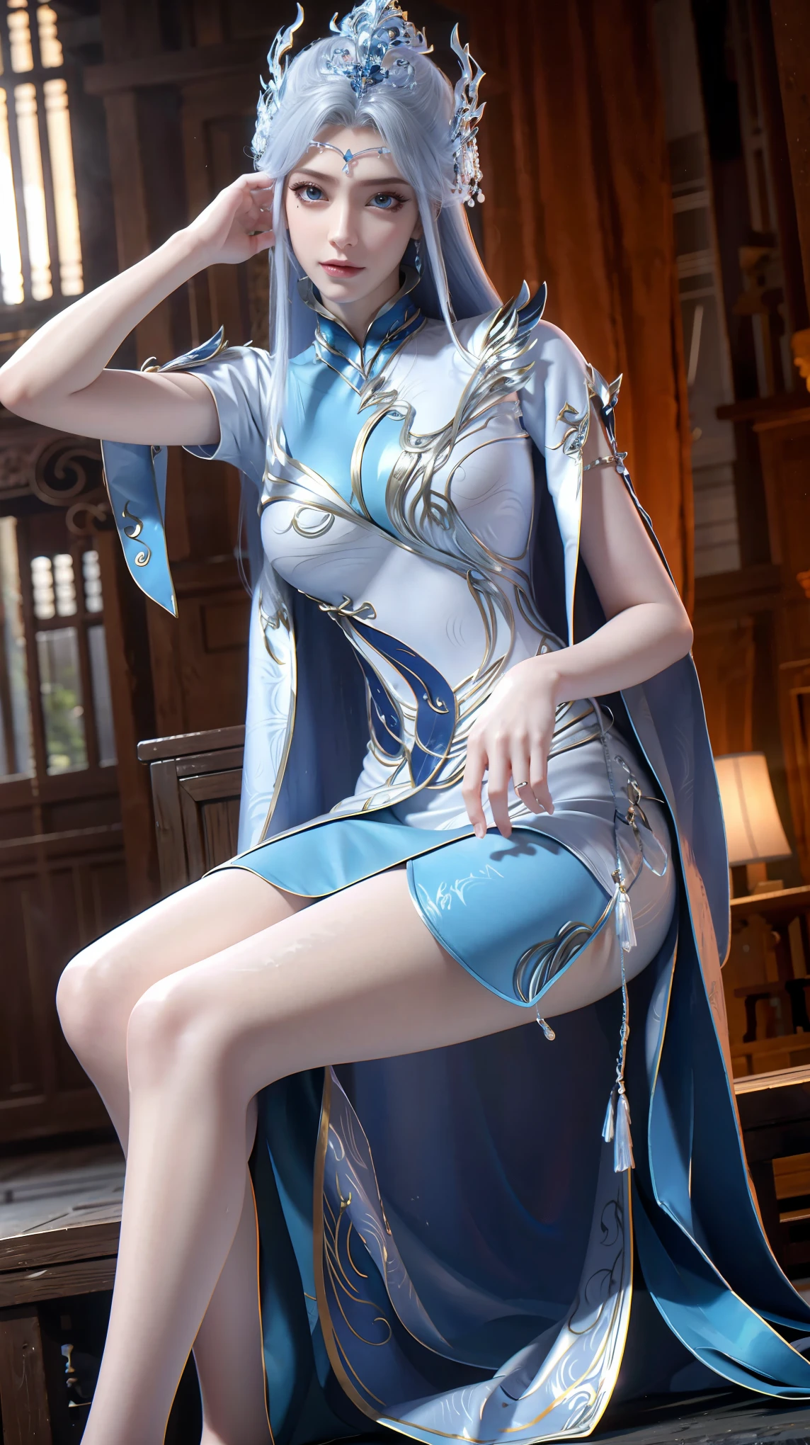 A beautiful young woman,Long hair,Wearing pajamas,Sitting on the bed,barefoot,Wearing a dress,Side-lying,Cross-legged,Full body shot,(Best picture quality,4K,8K,high-definition,excellent work:1.2),Ultra Detail,(Realistic,Realistic,Realistic:1.37),Delicate eyes,Delicate lips,Extremely detailed face and eyes,Long eyelashes,Natural light,Warm colors,Soft Focus,portrait,Chiaroscuro,Deep scene,Jade Hands,Clear fingers,Wet all over,Water Magic,Wet,(银白色Long hair),(Blue Eyes),Gauze on body