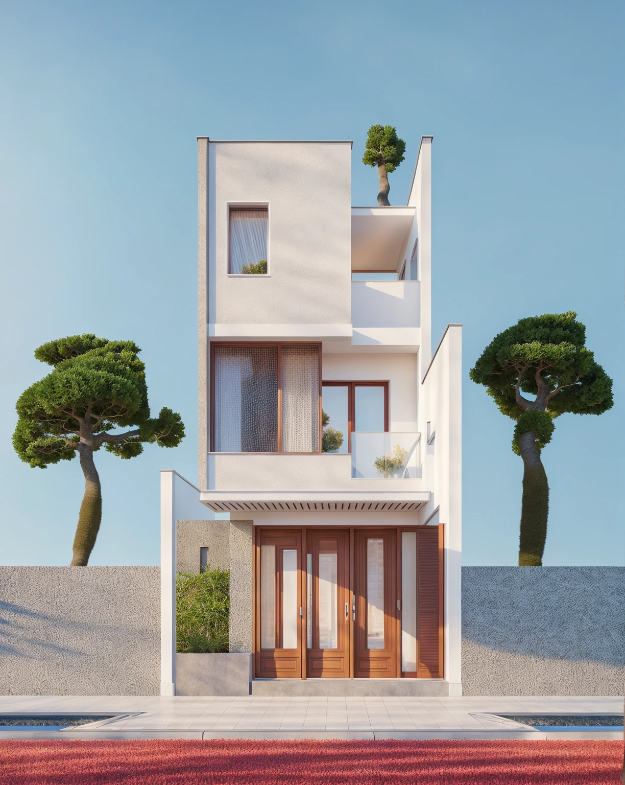 PLATEFORME KTHOUSE, Beaucoup de belles fleurs rouges le long de la route:1.3, Romantique, 1 maison de style néoclassique, La maison de ville est faite de murs blancs, Belle lumière, journée de beauté, ensoleillé, Beaucoup de bougainvilliers rouges le long de la route:1.3, belle sensation de jeunesse :1.2, soleil à midi, Très belles ombres, 