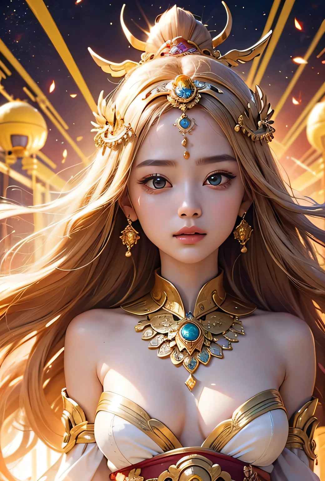 "Child of the Sun, Goddess of Love": Within a sacred sanctuary bathed in sunlight, depict the figure of a sun goddess who governs love, facing forward and emanating divine radiance. She is a , around 3 . Zoom in to focus on her face, with a gleaming orb of light in her hands, representing the life-giving power of the sun. Her hair is shimmering gold, and she is wearing a traditional miko outfit as seen in Japanese shrines. The background should be predominantly gold, evoking a sense of divine splendor, with numerous heart-themed objects expressing the beauty of love. The setting is in heaven, enveloped in soft, bright light, where one can find tranquility and peace of mind, free from any trace of anxiety.Straight-on.
