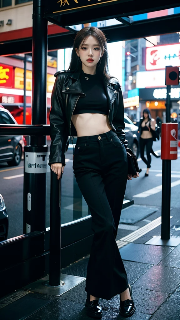 year old Japanese girl, wearing a black leather jacket, black trousers, black shoes, black crop top, showing her slim stomach, long black hair, photo in the city, 8k masterpiece, detailed, realistic