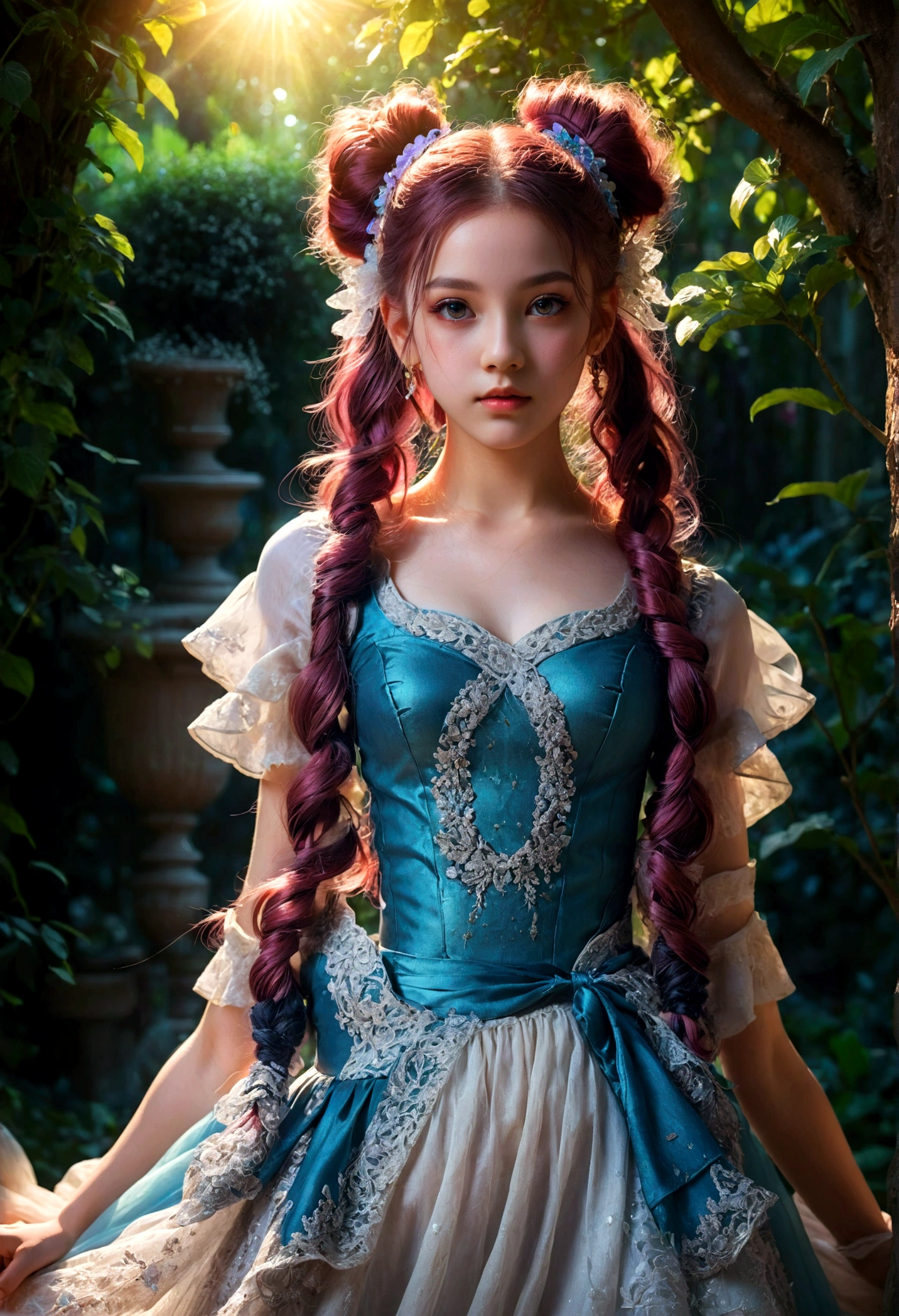 1girl, Twin Tails, A beautiful young girl with twin tails hairstyle, extremely detailed eyes and face, longeyes, flowing hair, intricate dress, delicate features, serene expression, standing in a lush garden, sunlight filtering through the trees, vibrant colors, warm lighting, (4k,8k,highres:1.2), ultra-detailed, portrait, fantasy, masterpiece, best quality, very aesthetic, absurdres
