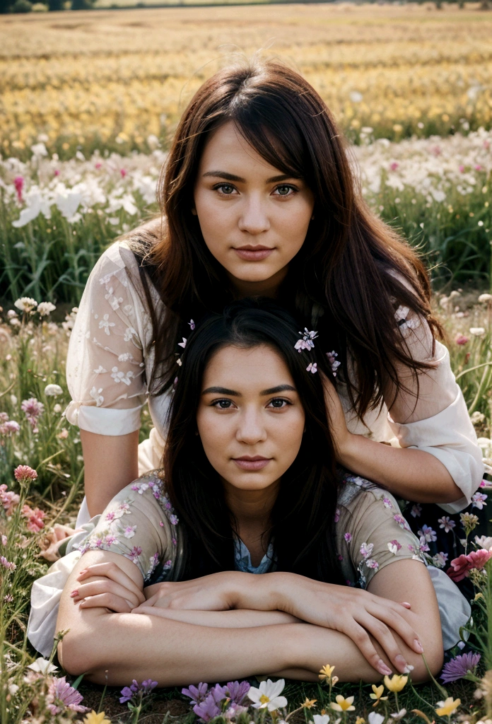 one man and one woman posing together, surrounded by a field of flowers, in a canon-photography style, 50 mm, no watermark, realistic photograph, looking at camera