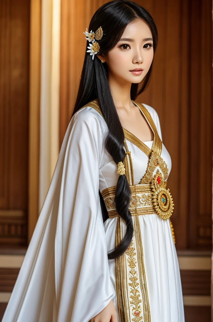 Cartoon woman, beautiful woman, white skin, long hair, wearing ancient Thai dress, beautiful like an angel.