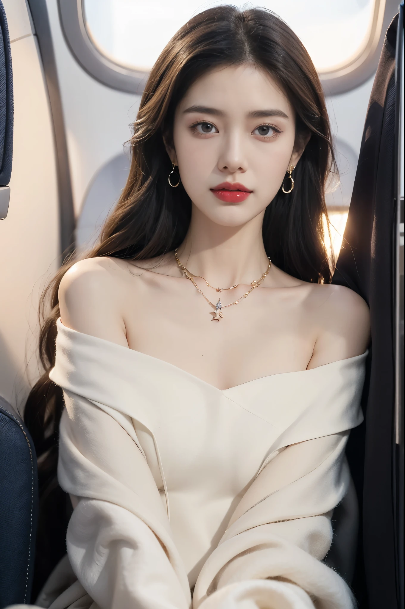 (((best quality))),(((ultra detailed))),(((masterpiece))),illustration,(a beautiful girl,female passenger,solo),(parted red lips),((slim,thin,small breasts,flat chest)),((earrings,crystal necklace)),summer night,((in airplane,economy class,indoor)),(blanket over shoulders:1.3),((strapless bra)),(shoulder length straight bob hair:1.2),stars,moonlight,smooth flight,engine sound,lullaby,relaxed,excited,laughing,visiting family,comfortable seats,soft fabric,headrests,adjustable,beauty of night sky,dimmed lights,sleeping passengers,movies,personal screens,staying awake,magic of sky,joy of being with family,memorable journey,adventures,(surrounded by crowded crowds:1.3),(Outside the window is high-altitude night view:1.2),((from front,close-up of face))