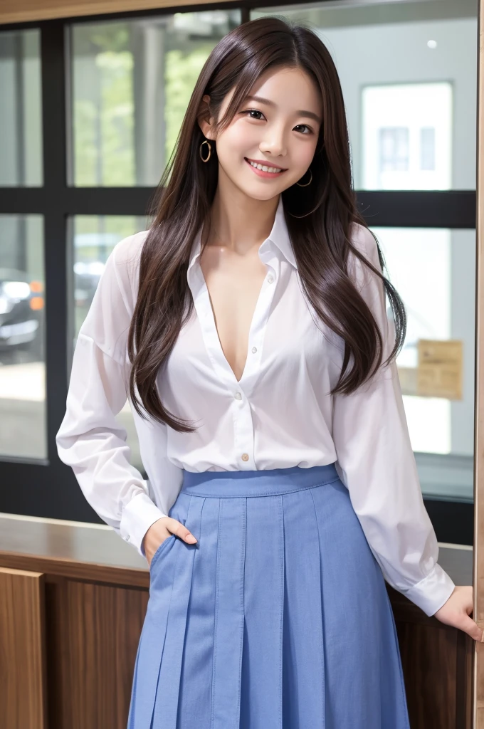（（Highest quality））、Beauty、smile、All open shirt、Hemming、skirt