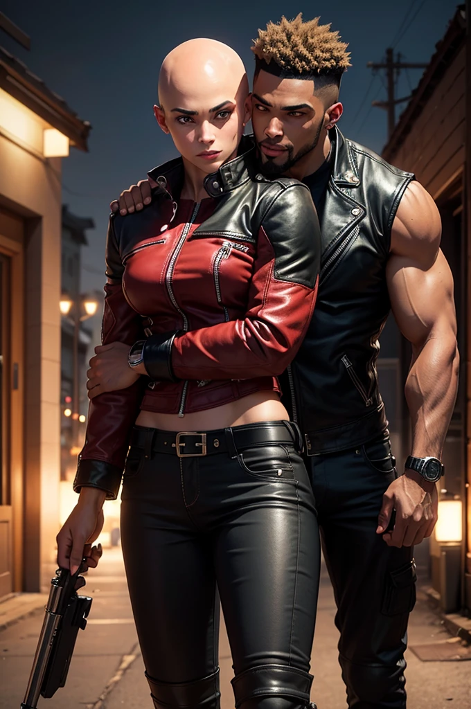 A muscular and sensual young wild and rebellious afro black werewolf, with bright red eyes, all bald and with a goatee wearing a leather biker jacket, stopped, through a small town in the interior of the country at night with a young beautiful blonde woman in sensual uniform standing next to him very well armed with a mischievous smile being tightly hugged from behind by him with the motorcycle in the background