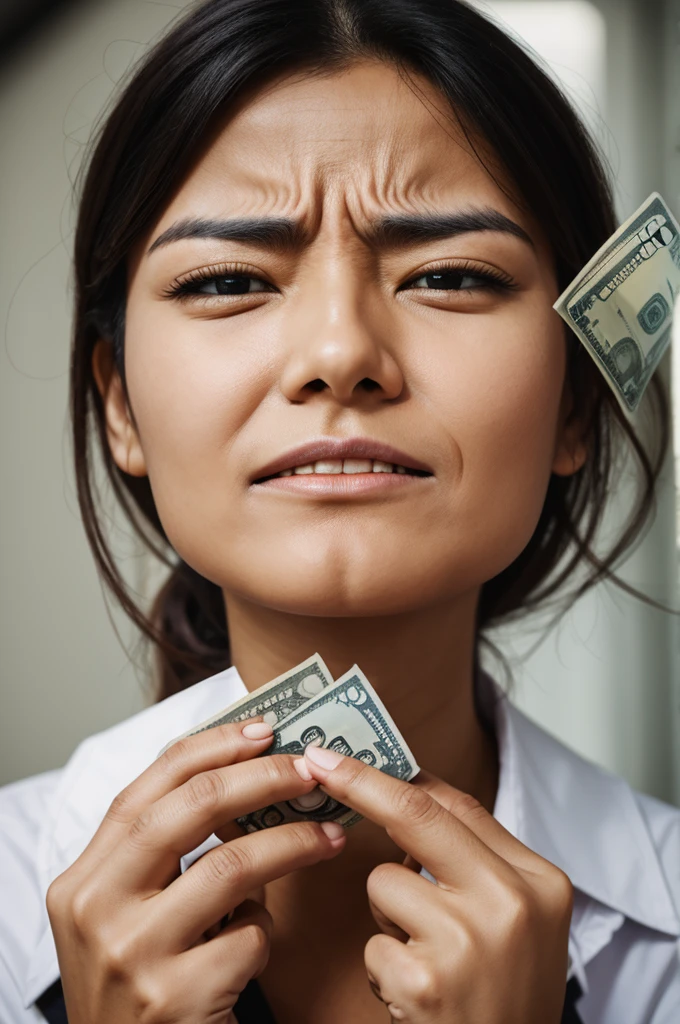 The person who hold money with stressful face