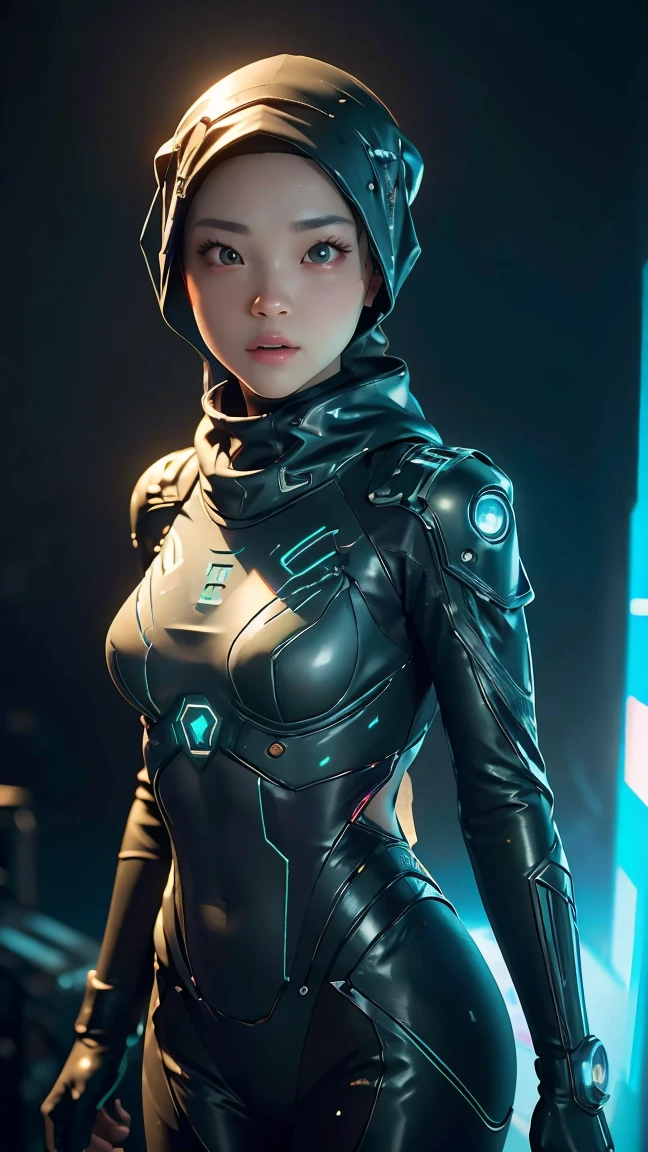 ((Best quality)), ((masterpiece)), (detailed:1.4), 3D, a beautiful cyberpunk female figure with VAIL or HIJAB, (full-coverage electronic leather suit), light particles, pure energy chaos anti-technology, HDR (high dynamic range), ray tracing, NVIDIA RTX, Super-Resolution, Unreal 5, Subsurface scattering,PBR Texturing,Post-processing,Anisotropic Filtering,Depth-of-field,Maximum clarity and sharpness,Multi-layered textures,Albedo and Specular maps,Surface shading, Accurate simulation of light-material interactions, perfect proportions, Octane Render, two-tone lighting, large aperture, low ISO, white balance, rule of thirds, 8K RAW, background in Prambanan Temple Indonesia