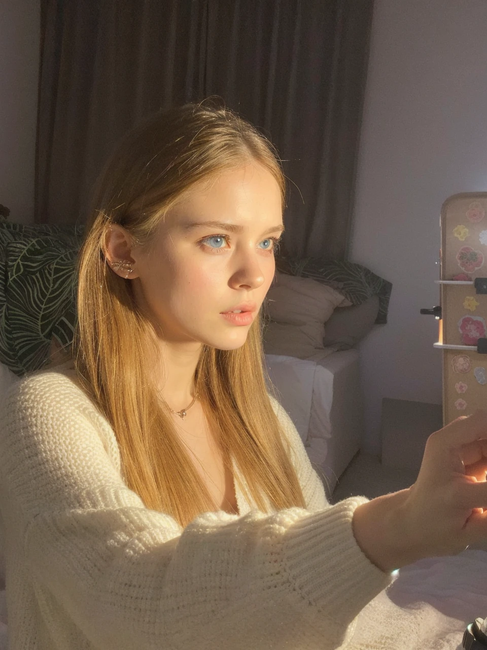 best quality, face focus, soft light, ultra high res, (photorealistic:1.4), RAW photo,
1 russian girl, solo, cute, (pupil, lights in the eyes),  detailed beautiful face, (small chest),(high resolution detail of human skin texture),
(long hair),
indoor,
Damask Shirt Dress,
(portrait), perfect body, blue eyes, beautiful hair, sexy body, sexy lips, big breasts, young 16 years, plump lips