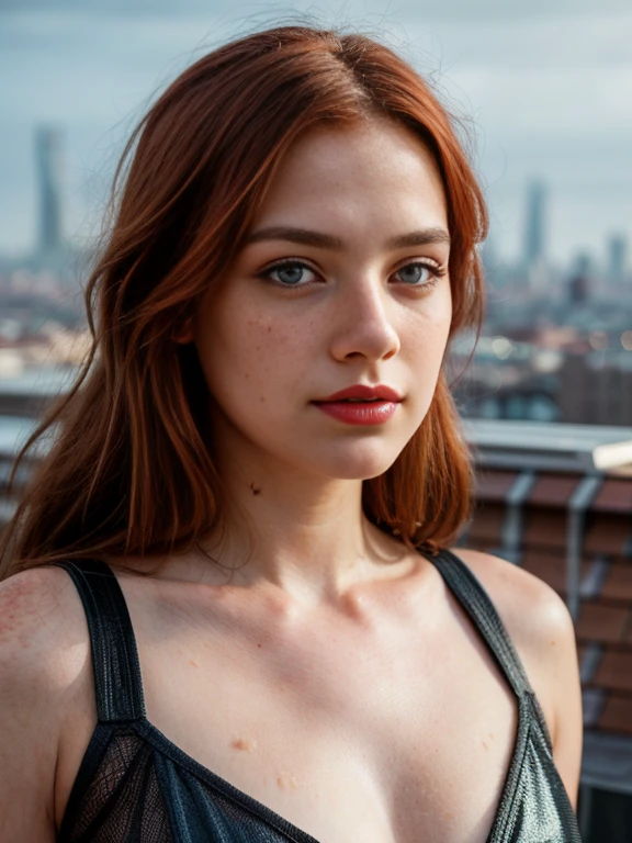 16k, HDR, RTX, photorealistic, 1 beautiful redhead woman with small freckles on her cheeks, cute, lips, red lipstick, long hair, looking at viewer, makeup, nose, realistic, (completely body), ((redhead woman with freckles)), raw photo,studio_shot,uhd, dslr, soft lighting, high quality, film grain, cute, lips, long hair, looking at viewer, makeup, nose, realistic, (complete body), raw photo, studio_shot, soft lighting, high quality, film grain,(1girl:1.3), Solo, (((Very detailed face)))), ((Very detailed eyes and face)))), Beautiful detail eyes, Body parts__, Official art, Unified 8k wallpaper, Super detailed, beautiful and beautiful, beautiful, masterpiece, best quality, original, masterpiece, super fine photo, best quality, super high resolution, realistic realism, sunlight, full body portrait, (amazing beauty), dynamic pose, delicate face, vibrant eyes, (from the front), She wears Spider-Man suit, red and black color scheme, spider, very detailed city roof background, rooftop, overlooking the city, detailed face, detailed complex busy background, messy, gorgeous, highly detailed skin, realistic skin details, visible pores, clear focus, volumetric fog, DSLR, high quality, film grain, fair skin, photo realism, lomography, futuristic dystopian megalopolis, translucent