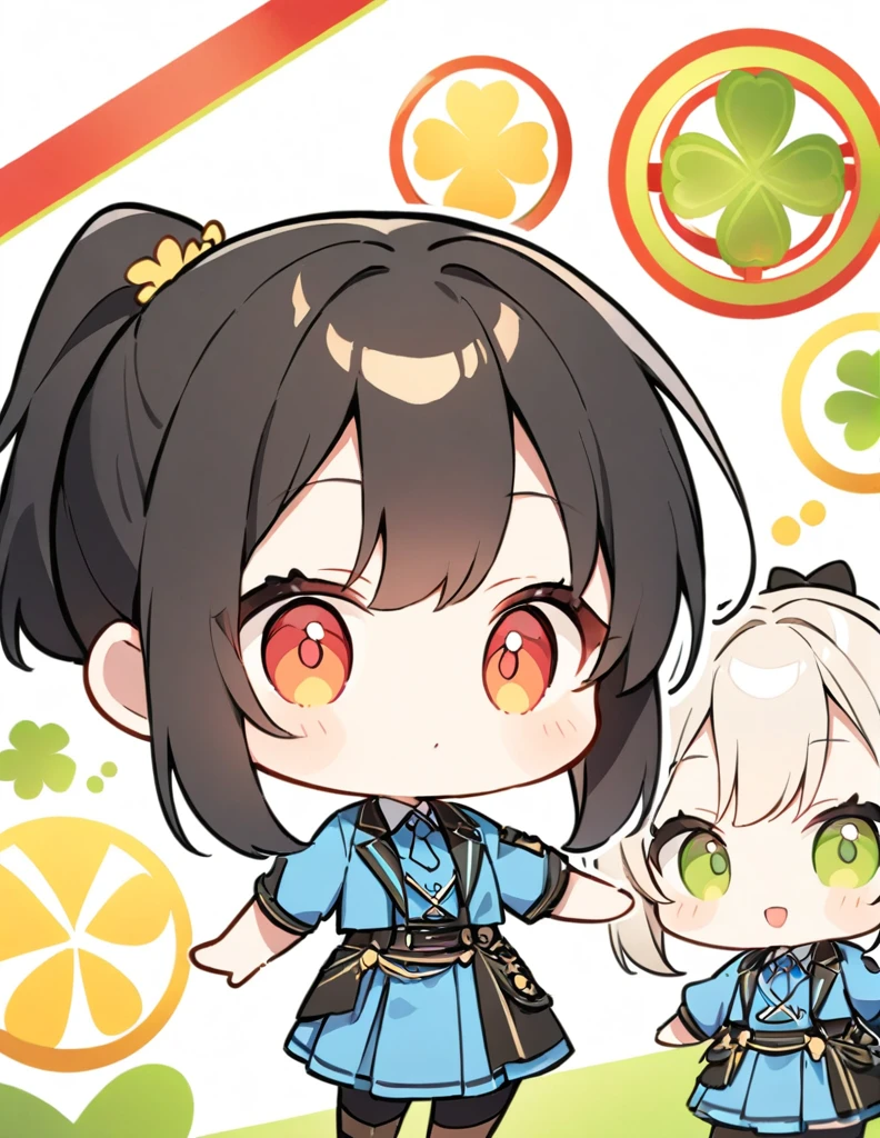 Golden Ratio,Very detailed、Very absurd、超High resolution, Attention to detail, high quality, High resolution, 最high quality, 4K, 8K,White background、(Clover on background margin)、Black Hair、ponytail、Strike a pose for the camera、blue costume、Chibi Style,,cute girl