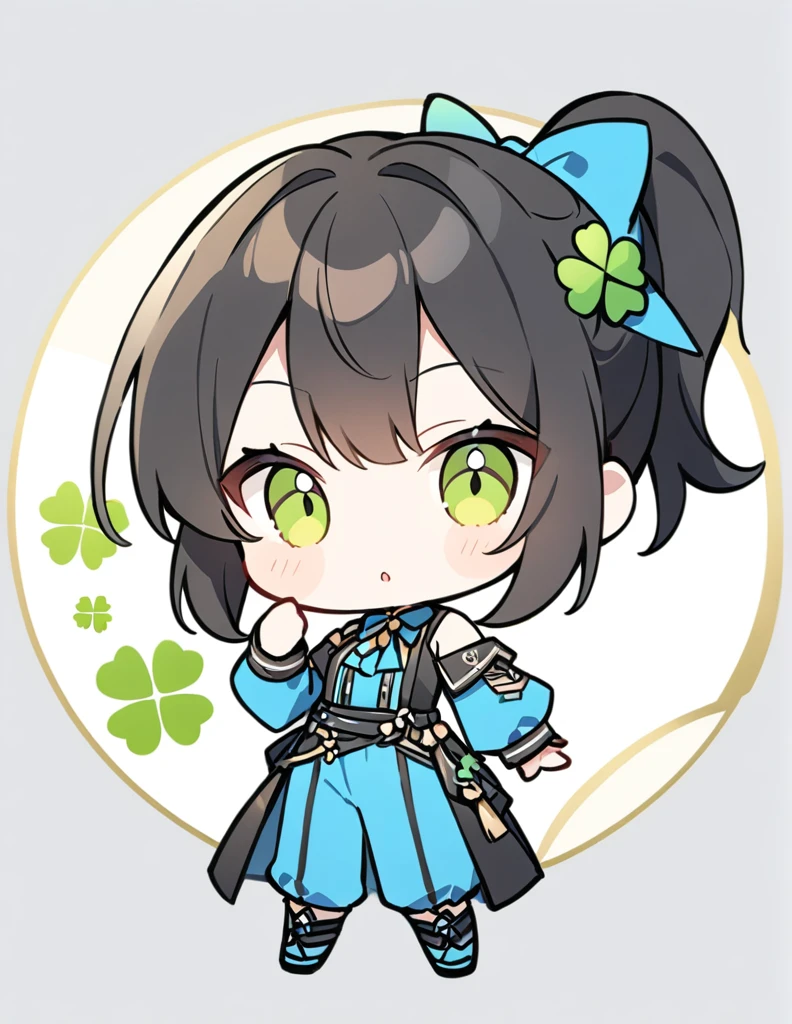 Golden Ratio,Very detailed、Very absurd、超High resolution, Attention to detail, high quality, High resolution, 最high quality, 4K, 8K,White background、(Clover on background margin)、Black Hair、ponytail、Strike a pose for the camera、blue costume、Chibi Style,,cute girl