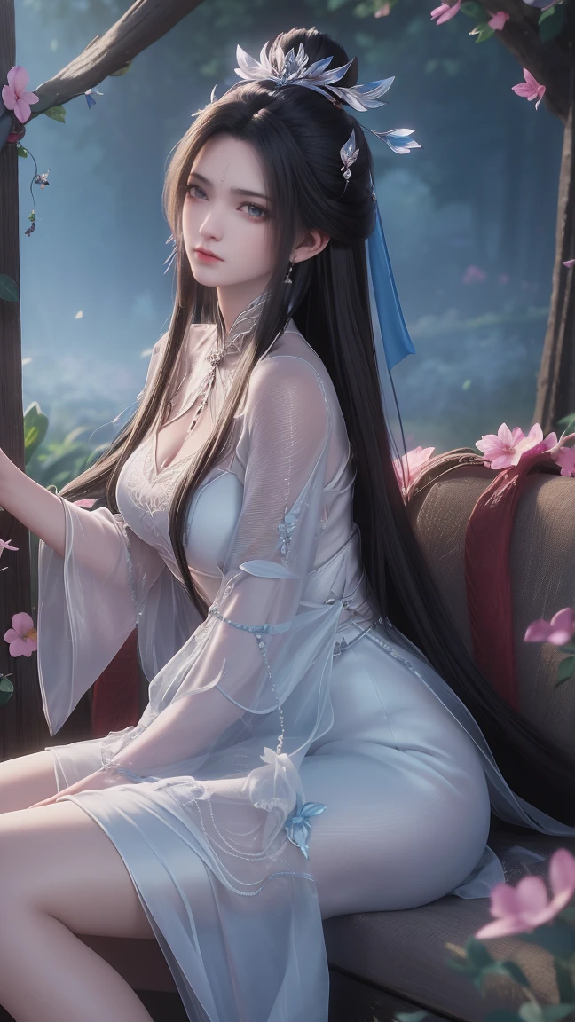 1girl, girl with long black hair, smiling, cheerful, girl is sitting among a wide expanse of flowers, surrounded by beautiful flowers, Calm and peaceful atmosphere, night, moonlight , Beautiful glowing butterflies surround the girl lighting up the darkness of the night, magic,Romantic, the night breeze blows the Sepoi Sepoi girl's hair, 