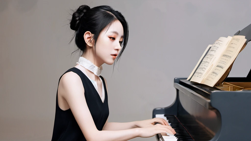xxmixgirl,,Jing-Hao Zhang style, dark gray and light black, 8K resolution, Miho Hirano, character caricature, Albert Edelfeldt, playing the piano
in jazz ber