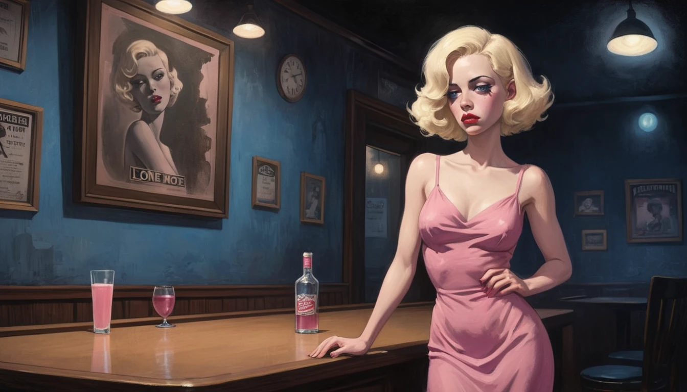 robert johnson, gritty, alabama bar, blue note, charismatic, pink dress, illustration, noir fantasy, lone blonde lady, sad ending, saxophonist