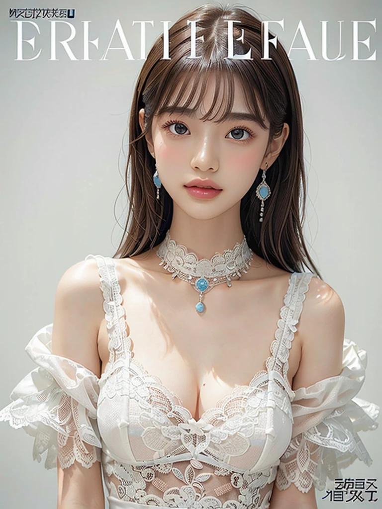 White Background、Professional Lighting、(((Professional Lighting 1.5)))、Translucent skin texture、Beautiful Skin、Beautiful Skin、、(((Whitening 1.5)))、White Bra、See-through、、Ecstasy of Musical Notes、((White lace dress 1.5))、See-through1.5、Bust up photo、Simple earrings and necklace、(((ファッションMagazine Cover 1.5)))、(((Magazine Cover 1.5)))、tea hair、