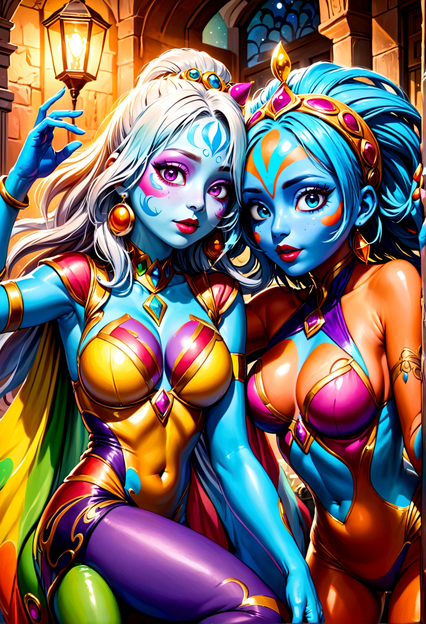 "(best quality, highres, ultra-detailed), 2 women, Desi, 40, average build, in colorful body paint,(playful, vibrant) jesters (costume is entirely body paint), wrestling for a crowd of rowdy aliens, in an(otherworldly) atmosphere,(fantastical, whimsical) outfits, (elaborate face makeup), (bright, vivid) colors, lively expressions, (dynamic poses), (mysterious, ethereal) lighting"
