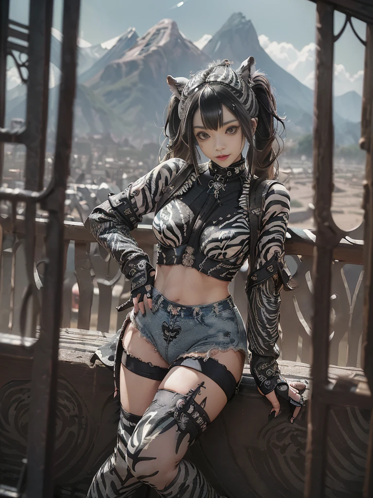 (Full Body View:1.4)、(Full body:1.2)、(Smiling with teeth showing:1.3),(Shibuya Gal:1.5)、(Gothic ta style fashion:1.5)、(Punk RockVisual Kei:1.5)、(Wearing a rhythmic gymnastics bodysuit with intricate details:1.4)、(Racing suit and shorts in beige, denim and charcoal with intricate details:1.5)、(Denim and black and brown long boots:1.3)、(Denim and beige knee socks:1.3)、((belt))、(Numerous delicate logo marks all over the costume:1.4)、(collar:1.3)、(Zebra pattern underwear:1.5)、20-year-old、NSFW、((Highest quality、In 8K、masterpiece:1.3))、Sharp focus:1.2、(Layered Cut、Huge boobs:1.1),Beautiful woman with perfect figure:1.4、(do a gravure pose:1.3)、Slender Abs:1.2、Highly detailed face and skin texture、Detailed eyes、double eyelid,(Twin tails:1.3)、(Black brown hair:1.3)、Gravure idol、(The background is a vast mountain々Beautiful European tourist destinations:1.3)、(Slim body:1.3),(Make your legs thinner:1.4),(clavicle:1.1)