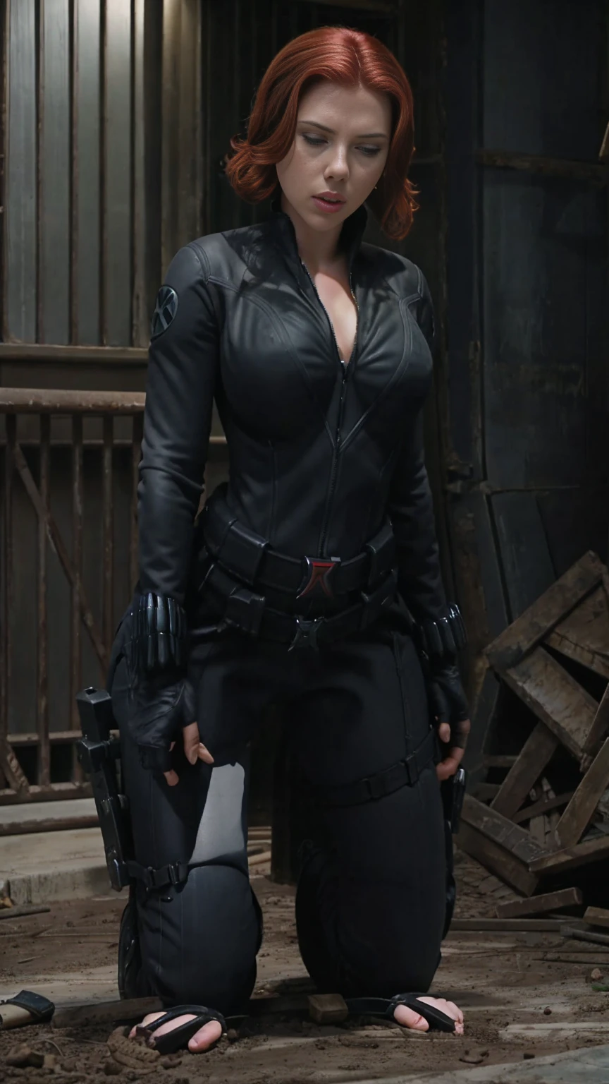 Scarlett Johansson black widow, outside: stands on all fours, big bust hanging down.