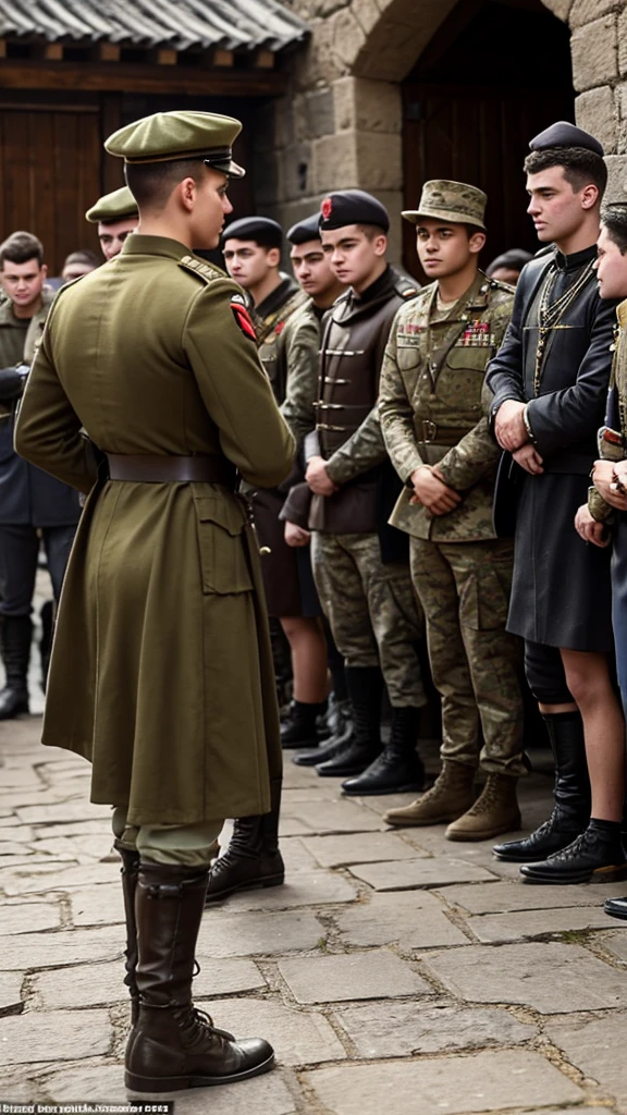 young men are queuing for recruitment as soldiers in a medieval country, and one of them who wore a necklace got slapped by an army man