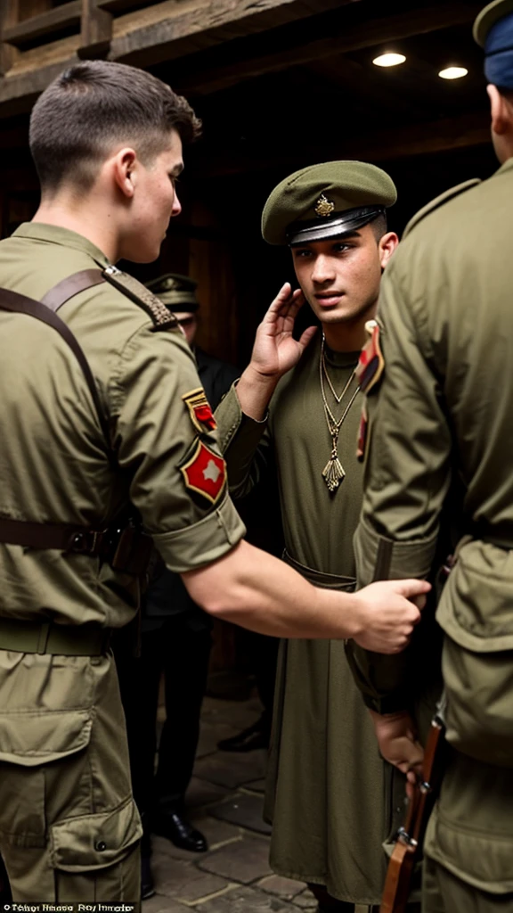 young men are queuing for recruitment as soldiers in a medieval country, and one of them who wore a necklace got slapped by an army man